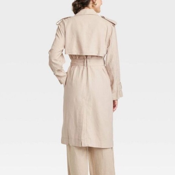 Linen belted trench coat -khaki neutral tan color, midi length, button front - Picture 2 of 3